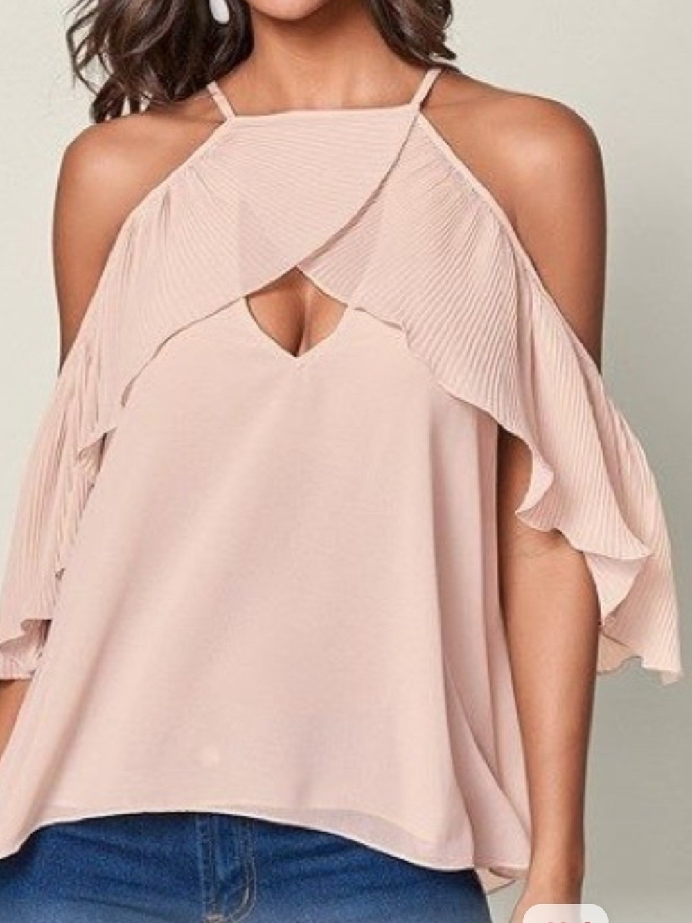 VENUS XL Blush Pink Cold Shoulder Pleated Ruffle Halter Blouse Flowy Top
